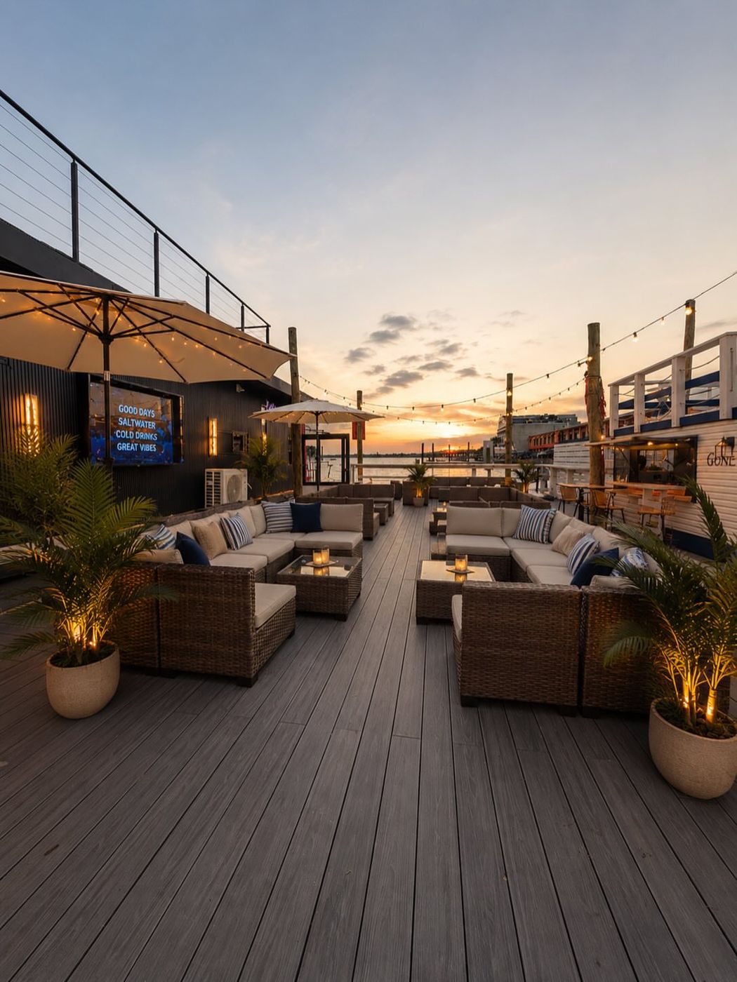 Lounge deck at sunset, Swan Marina