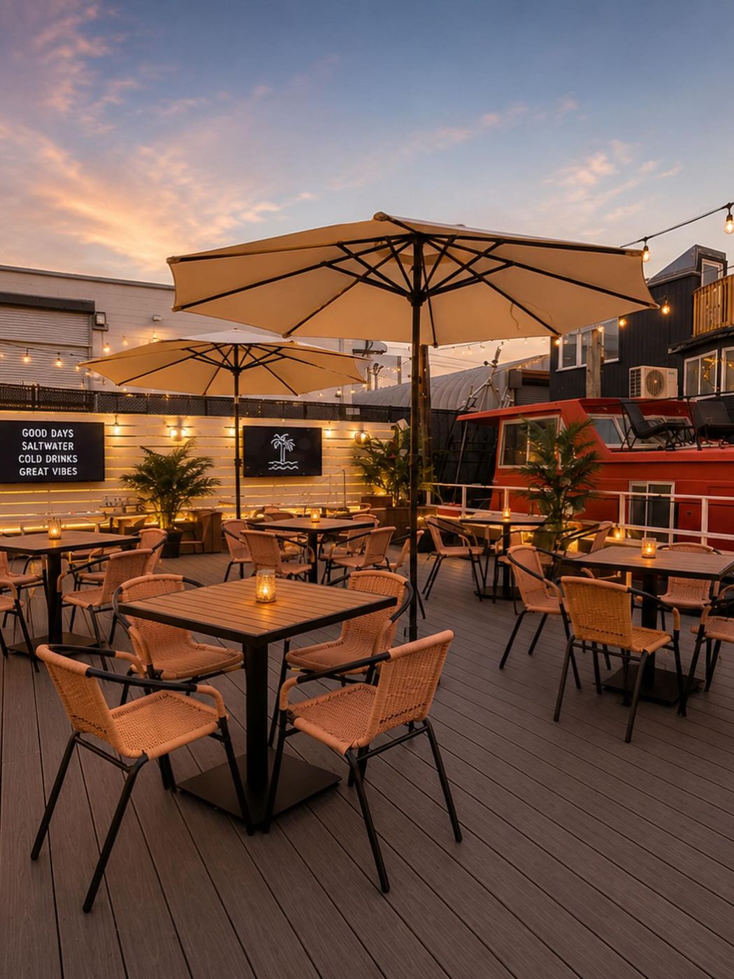 Dining terrace under umbrellas at dusk